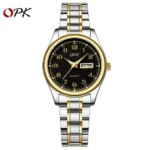 Reloj de pulsera OPK con caja para mujer color plateado dorado y negro